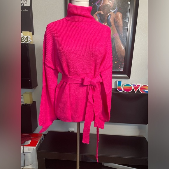 Women's rose pink Turtleneck Sweaters Long Sleeve Belted Knitted Pullover medium - Picture 4 of 7